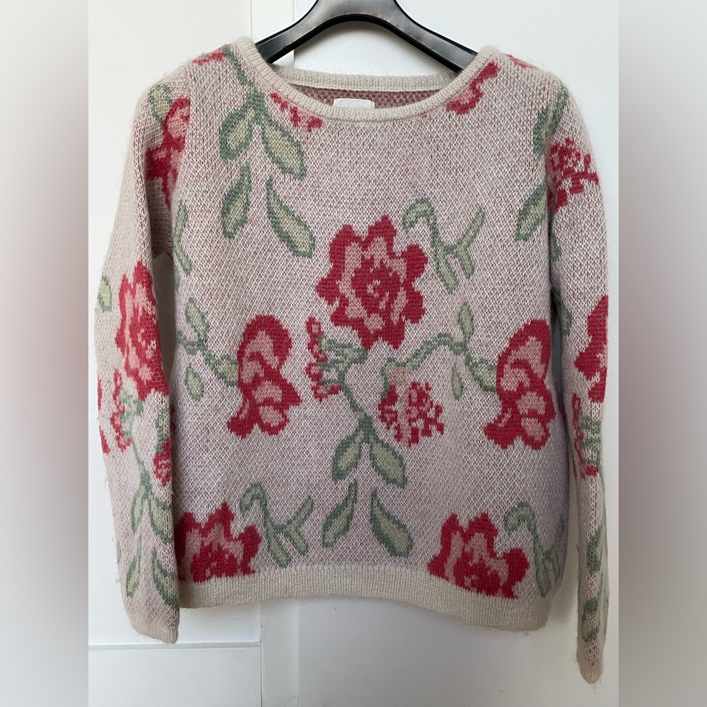 Sezane Cream Sweater with Red and Green Floral Design